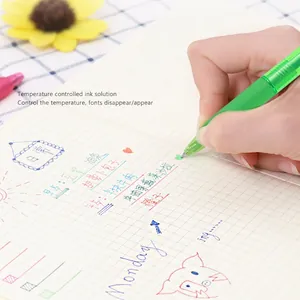 Handheld retractable erasable green gel pen writing on grid notebook with thermal ink