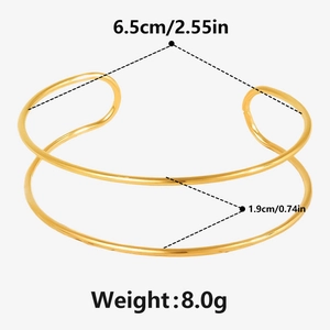 Detail view of 18k gold plated stainless steel C-shaped cuff with size and weight specs
