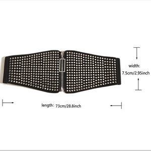 Detailed size specifications of 7.5cm wide black elastic belt with silver studs and zipper
