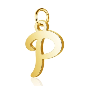 Close-up of golden stainless steel hollow letter P pendant with top jump ring