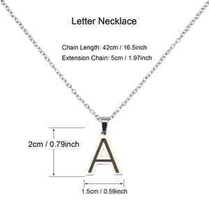 Stainless steel initial A pendant necklace with silver finish and black enamel infills