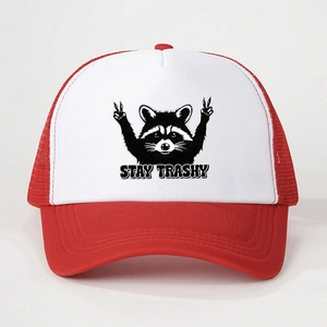 Detail of red and white trucker hat featuring Stay Trashy raccoon print and mesh back