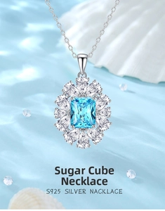 Detailed macro view of S925 silver necklace featuring a blue square zircon pendant