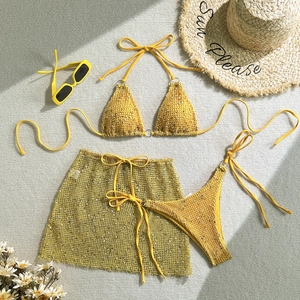 Three-piece lemon yellow bikini set with sequined mesh skirt and summer beach accessories
