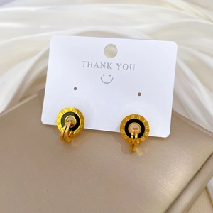 Titanium steel roman numeral hoop earrings with black enamel and gold finish for women