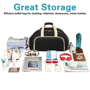 Flat lay of spacious gym bag showing large storage for clothes, shoes and electronics