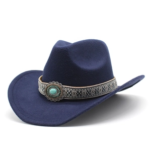 Navy blue western cowboy hat with ethnic woven band and turquoise stone ornament