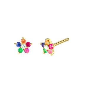 Luxurious multi-color zircon flower stud earrings set in gold-tone metal with 45-degree view