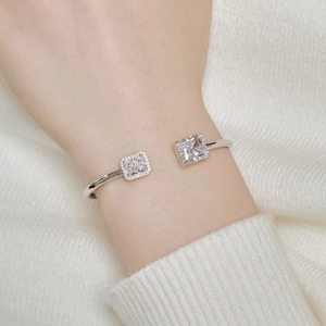Detailed view of S925 silver spring bracelet with square ice-cut colorful zircon stones
