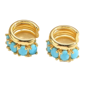 Golden chunky hoop earrings with oval turquoise blue stone inlays and triple-layered bands