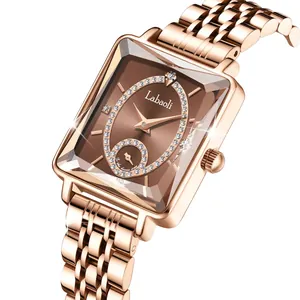Luxury women's rose gold square watch with crystal-encrusted dial and steel band