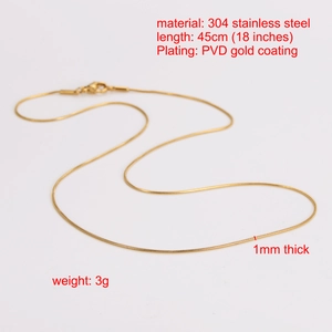 18K PVD gold plated 1mm stainless steel snake chain necklace for women 45cm length
