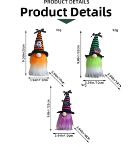 Detailed dimensions of Halloween gnome figurines with spooky striped hats and decor