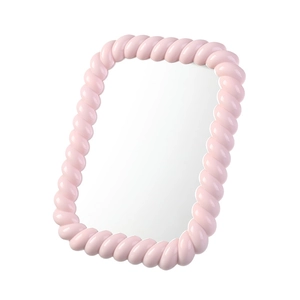 Pink rectangular makeup mirror with twist rope frame and adjustable stand for desktop use