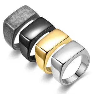 Men Signet Ring Stainless Steel Polished Rectangular Geometric Hip Hop Fashion Minimalist Jewelry Band