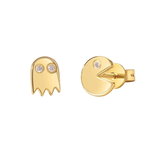 Set di orecchini Pac-Man e Fantasma in oro lucido con accenti in zircone bianco