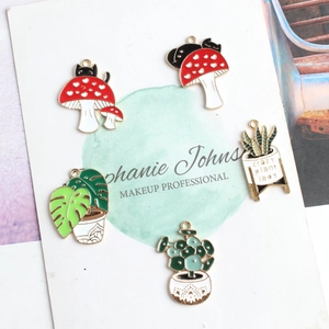Enamel mushroom and plant charms in gold finish for DIY jewelry and bracelet making
