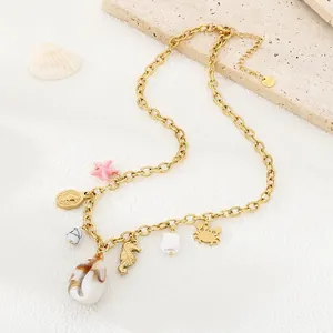 Bohemian Marine Life Multi Pendant Necklace Stainless Steel Natural Shell Seahorse Crab Starfish Beach Holiday Jewelry For Women