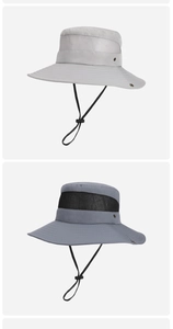 Detail of breathable mesh panels and adjustable drawstrings on outdoor sun hats