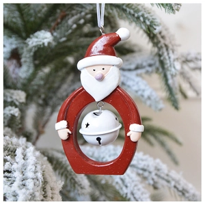 Detailed view of Santa resin ornament with white bell hanging on a snowy Christmas tree