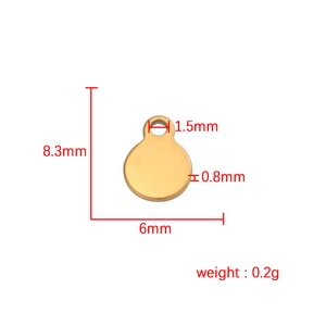Polished gold round stainless steel pendant charm with precise technical dimensions