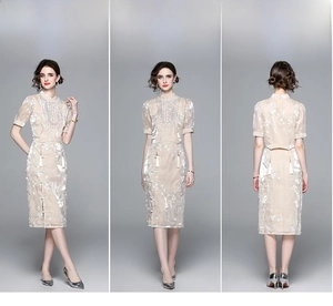 Three-angle view of champagne sequined cheongsam top and split high-waisted midi skirt set