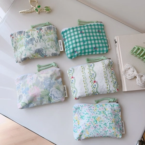 Mini Porte-monnaie Coton Floral Éléphant Carreaux Fermeture Éclair Pochette De Rangement Style Japonais Petit Sac Cosmétique
