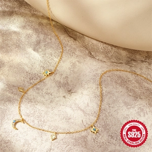 Elegant gold S925 sterling silver star and moon necklace set with blue opal and zircon gems