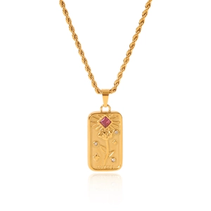 Gold Tarot Lovers pendant necklace with pink gem and rose relief on twisted rope chain