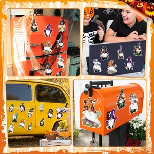 Magnetic Halloween gnome decals shown on a fridge, laptop, car, and mailbox