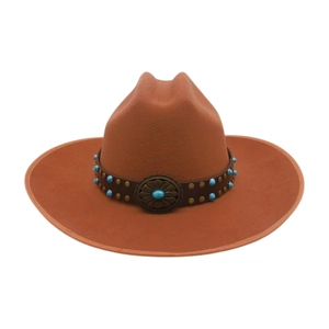 Detail of brown wool fedora featuring turquoise beads and vintage floral metal buckle