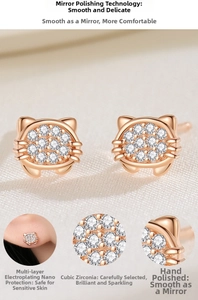 Detail of rose gold kitten earrings with cubic zirconia inlay and mirror polished finish