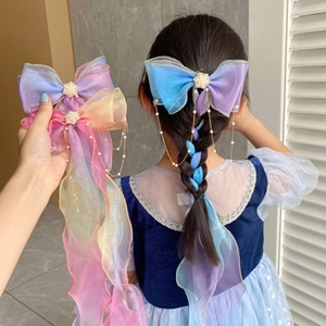 Colorful gradient bow hair clip with long ribbons and pearl tassels for girls