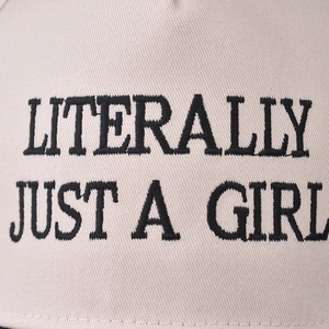 Beige cotton baseball cap featuring Literally Just A Girl black 3D embroidery detail