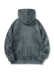 Thick grey-blue polar fleece hoodie with oversized hood and loose drop-shoulder design