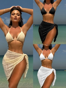 Women Halter Triangle Bikini Top And Bottom Matching Sarong Skirt Textured Crinkle Fabric Solid Color Beach Vacation Swimwear
