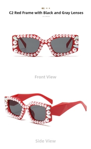 Vue détaillée de lunettes de soleil rouges polygonales avec perles et cristaux blancs