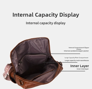 Detail of vintage brown backpack showing large interior capacity and organized compartments