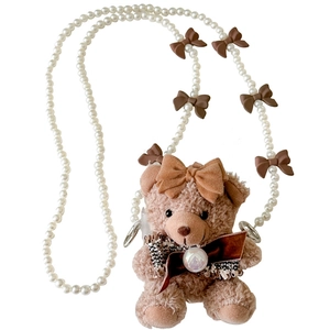 Cute panda plush bag with white pearl chain and dark brown bow tie on white background