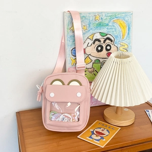Pink Japanese style ita bag with bear ears and transparent window for badges
