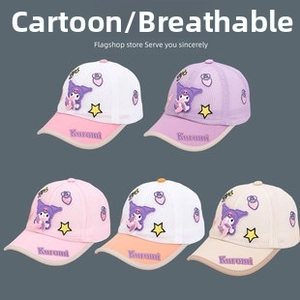 Detail of baby knit hats featuring cartoon Kuromi patches and cute heart decorations