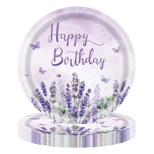 Lavender themed disposable Happy Birthday paper plates with butterflies and flowers