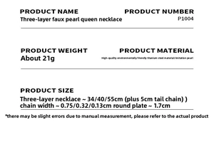 Detailed chart showing sizes and specs for triple-layer pearl and coin pendant necklace