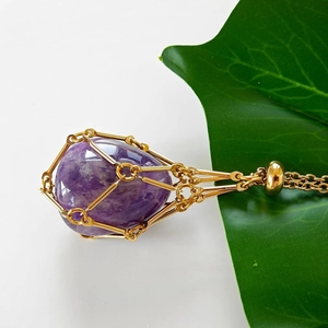 Mesh Cage Pendant Necklace Alloy Adjustable Bamboo Chain Interchangeable Crystal Stone Holder Vintage Boho Style Women