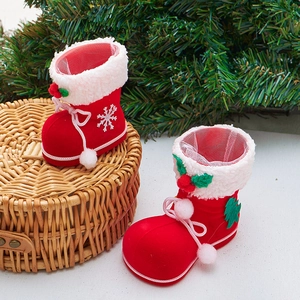 Christmas red flocked mini candy boots with snowflake print for holiday gift decoration