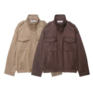 Women Faux Suede Utility Jacket Stand Collar Zipper Epaulettes Multi Pockets Solid Color Casual Vintage Outwear