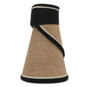 Foldable women's straw sun visor with black trim, shown in portable rolled storage state