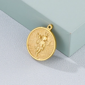 Vintage golden Maria medallion with cherub engraving on a geometric background