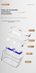 Exploded view of the portable fruit bento box showing ice pack slot and drainage layer