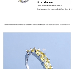 Detail of adjustable S925 silver ring featuring five square yellow zircon stones